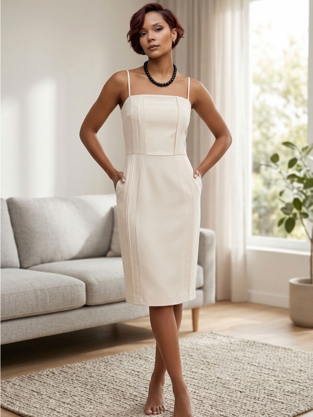 O'2nd Cream Midi Sheath Dress with Spaghetti Straps☑️